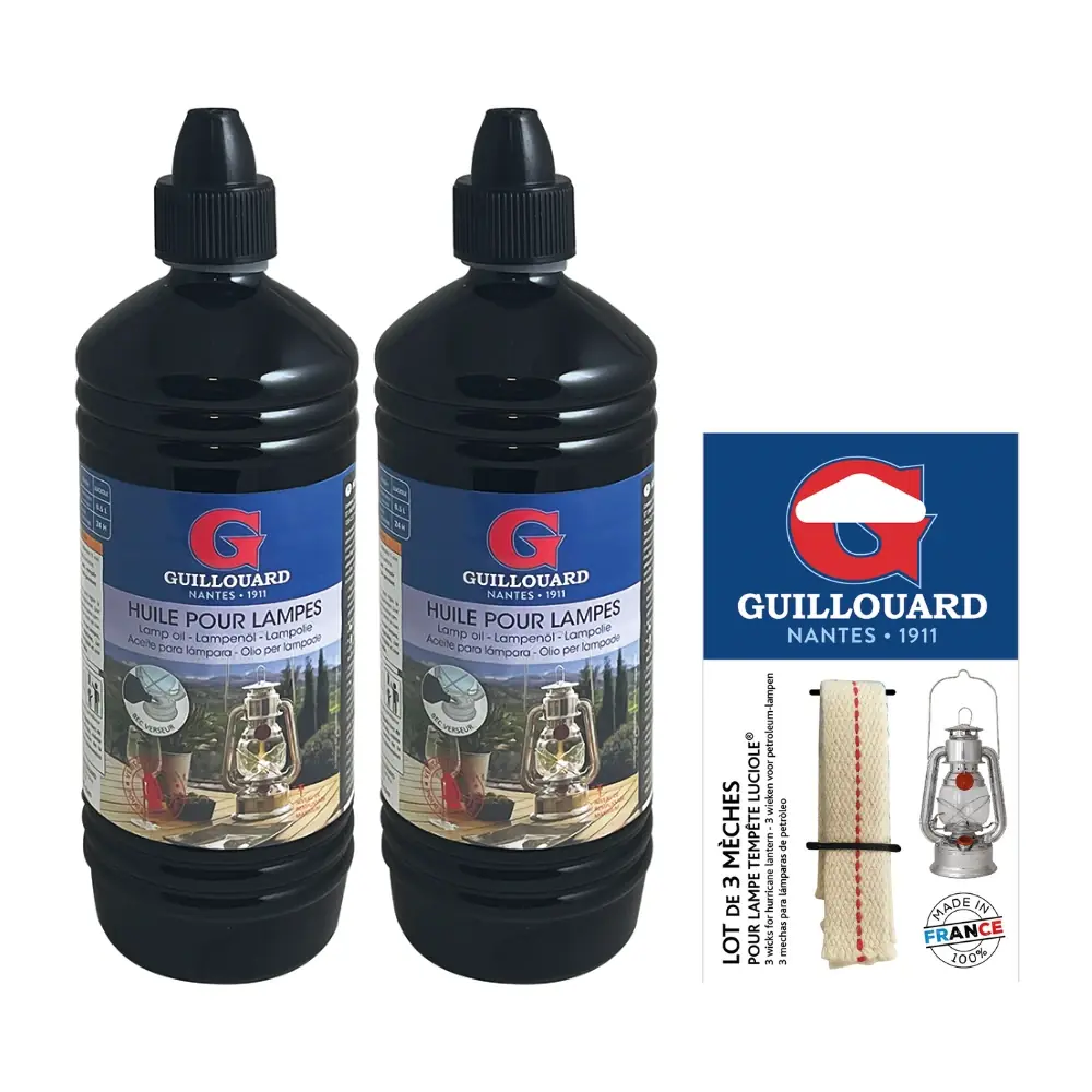 guillouard Kit de Recharge - 2 Bouteilles d'Huile + 3 Mèches - Pour Lampe Tempête "Luciole"