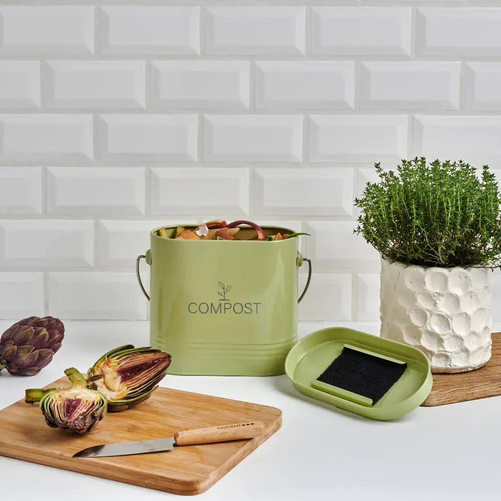 Guillouard Seau à Compost Ovale 3L - Avec Filtre - Vert Sauge