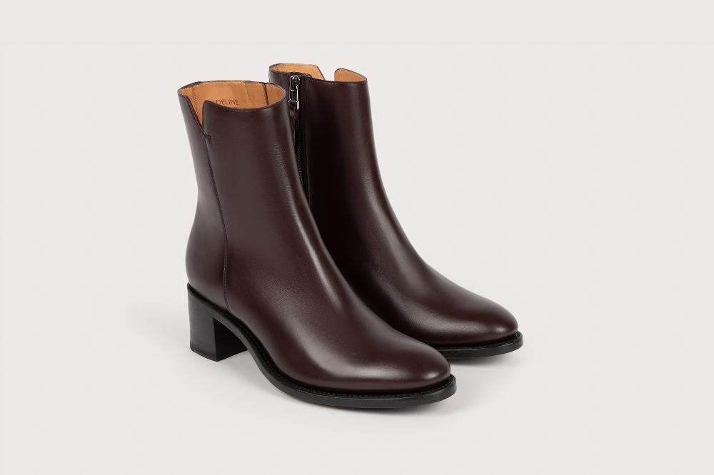 heschung Boots femme en cuir kidcalf aubergine à zip intérieur montées sur semelle cuir P
