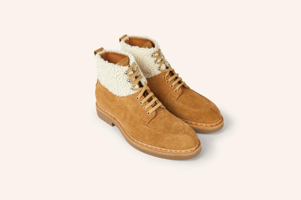 heschung Boots femme intemporelles à bout chasse en hydrovelours et mouton beige