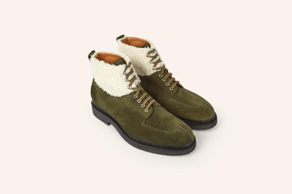 Heschung Boots Femme Intemporelles à Bout Chasse En Hydrovelours Vert Sapin Et Mouton