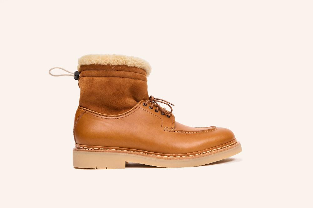 Heschung Boots Homme à Plateau Jointé Et Col Fourré En Cuir Lisse Marron Clair