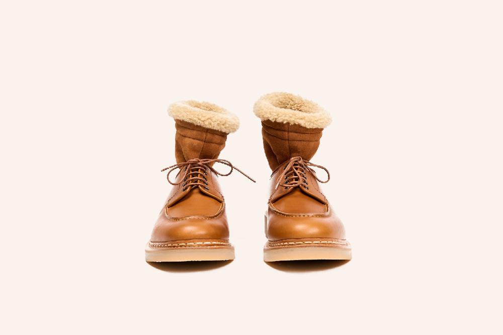 Heschung Boots Homme à Plateau Jointé Et Col Fourré En Cuir Lisse Marron Clair