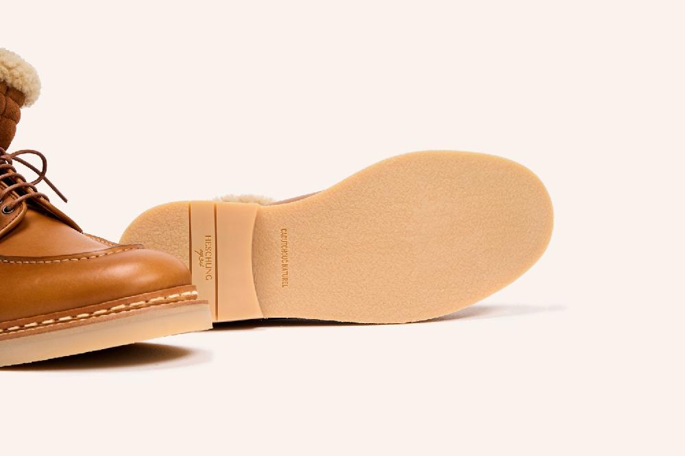 Heschung Boots Homme à Plateau Jointé Et Col Fourré En Cuir Lisse Marron Clair