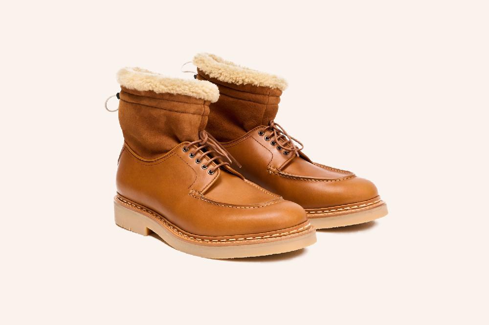 Heschung Boots Homme à Plateau Jointé Et Col Fourré En Cuir Lisse Marron Clair