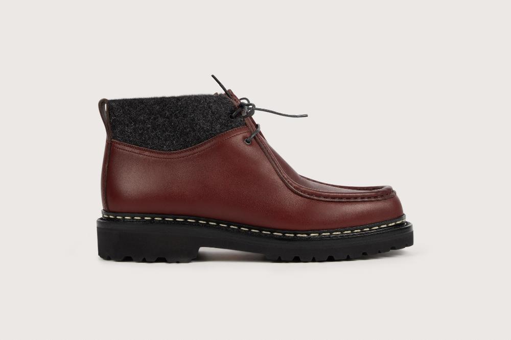 Heschung Boots Homme à Plateau Ourlet En Cuir Lisse Bordeaux Et Col En Tweed