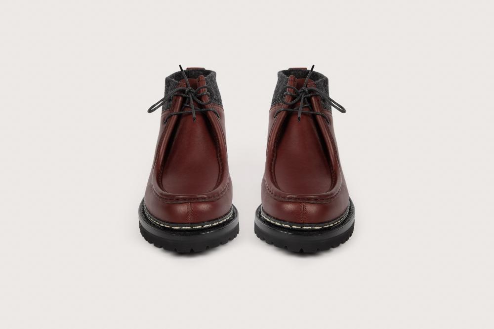 Heschung Boots Homme à Plateau Ourlet En Cuir Lisse Bordeaux Et Col En Tweed