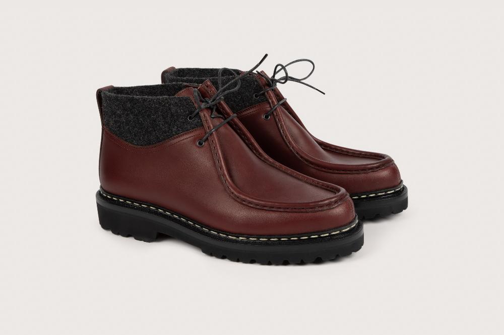 heschung Boots homme à plateau ourlet en cuir lisse bordeaux et col en tweed