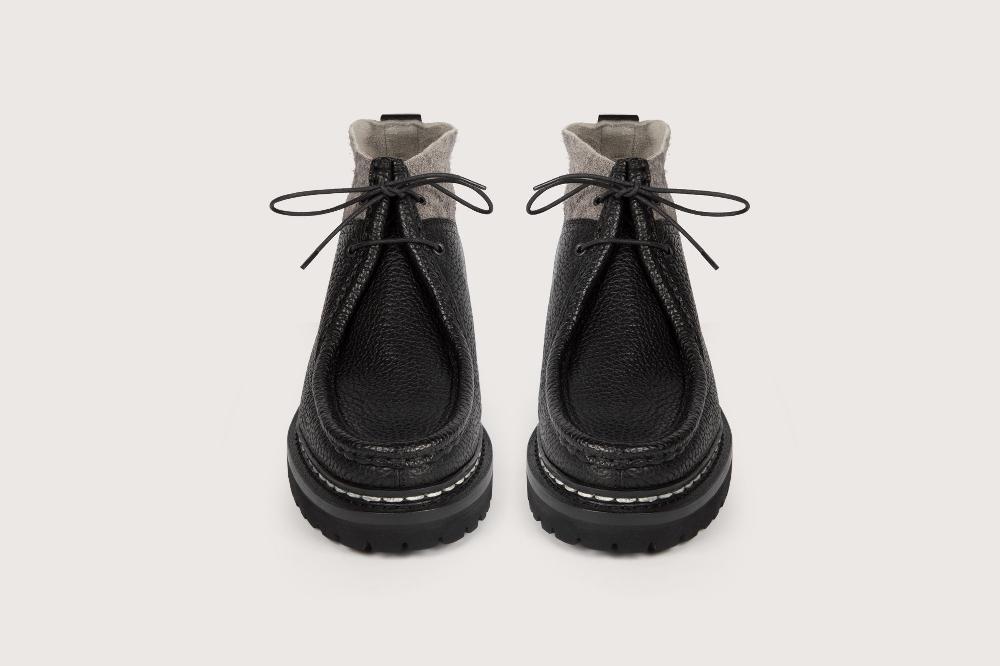 Heschung Boots Lierre Femme En Cuir Grainé Noir Et Velours Feutre Gris Sur Semelle Roccia Sole