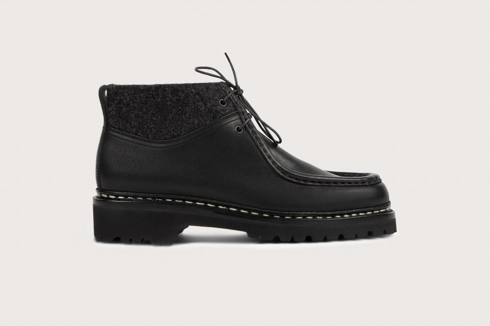 Heschung Boots Lierre Femme En Cuir Lisse Noir Et Tweed Sur Semelle Caoutchouc