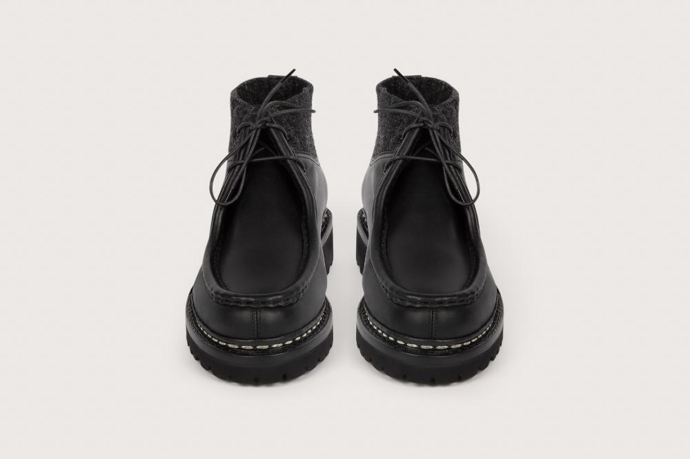 Heschung Boots Lierre Femme En Cuir Lisse Noir Et Tweed Sur Semelle Caoutchouc