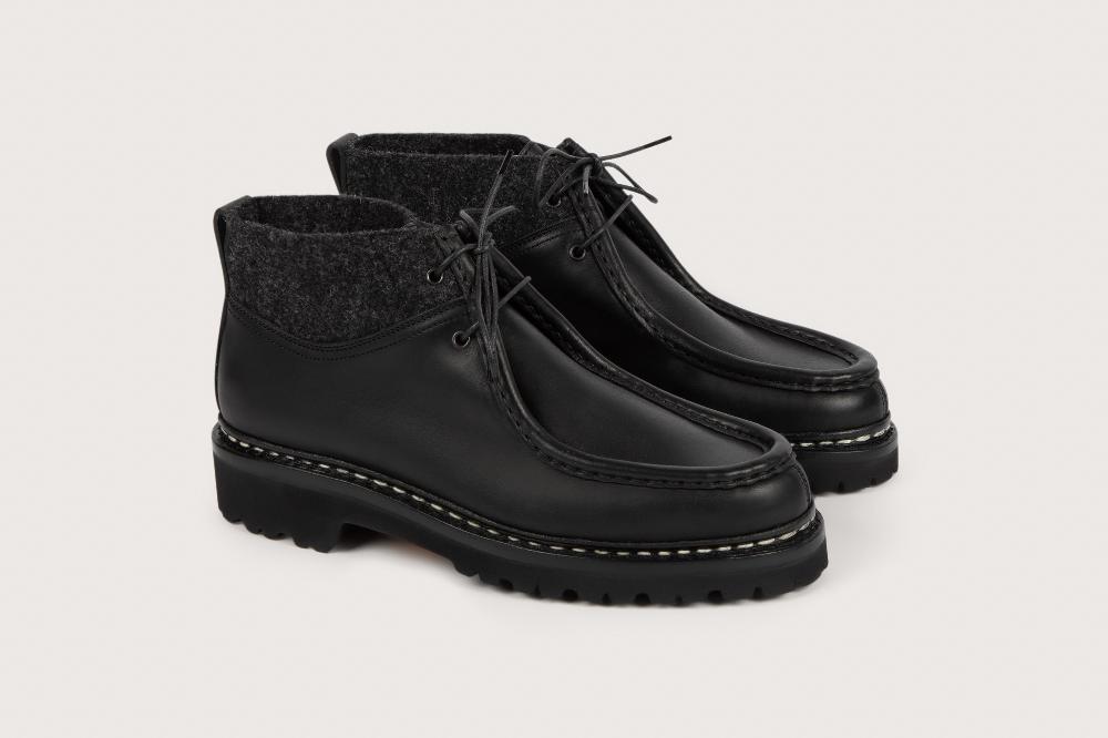 heschung Boots Lierre femme en cuir lisse noir et tweed sur semelle caoutchouc