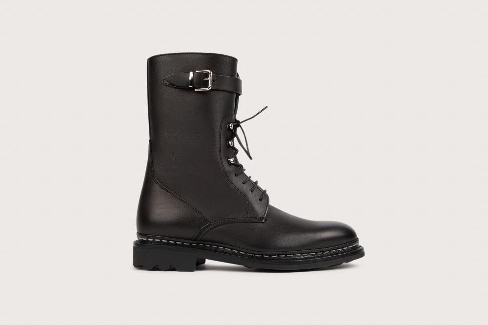 Heschung Boots Sergent Femme En Cuir Lisse Noir Esprit Militaire