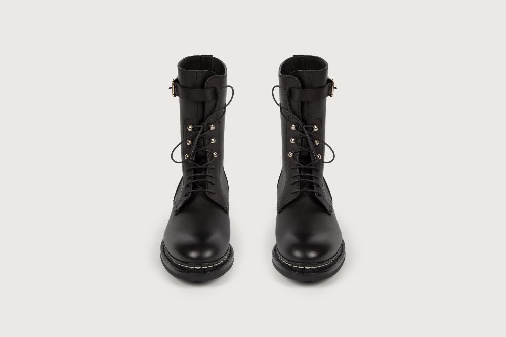 Heschung Boots Sergent Femme En Cuir Lisse Noir Esprit Militaire