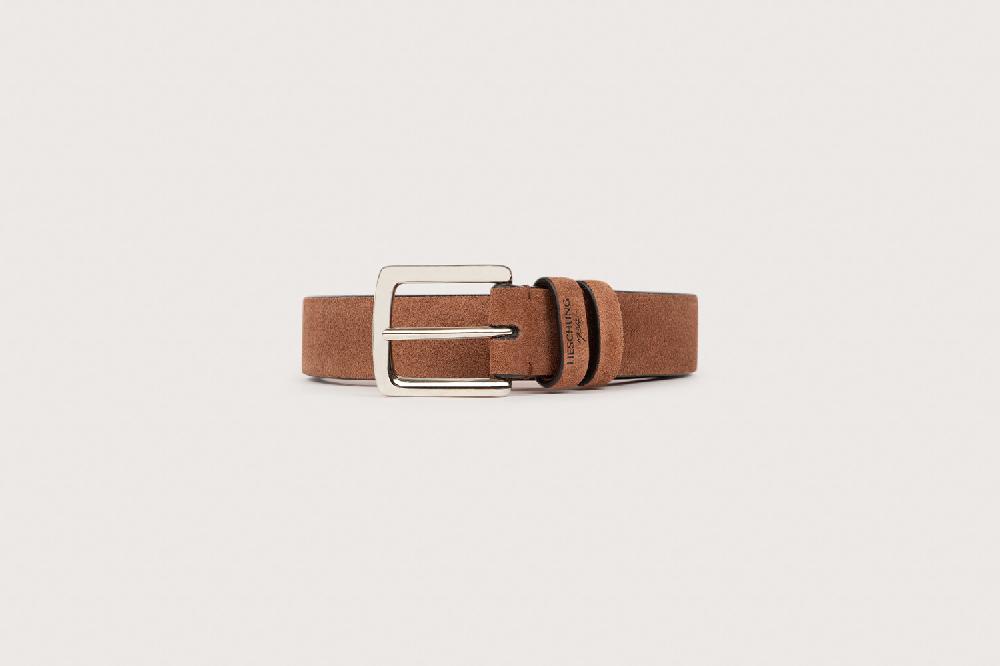 Heschung Ceinture Homme En Cuir Velours Noisette Avec Boucle Sellier