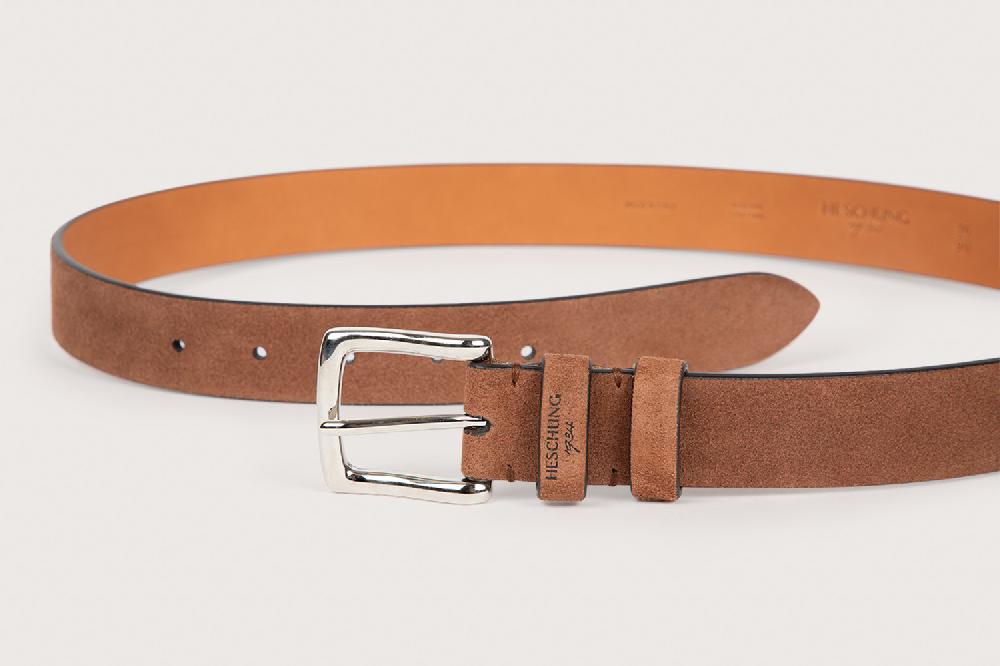 Heschung Ceinture Homme En Cuir Velours Noisette Avec Boucle Sellier