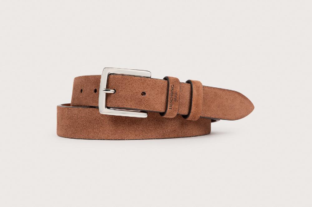 heschung Ceinture homme en cuir velours noisette avec boucle sellier