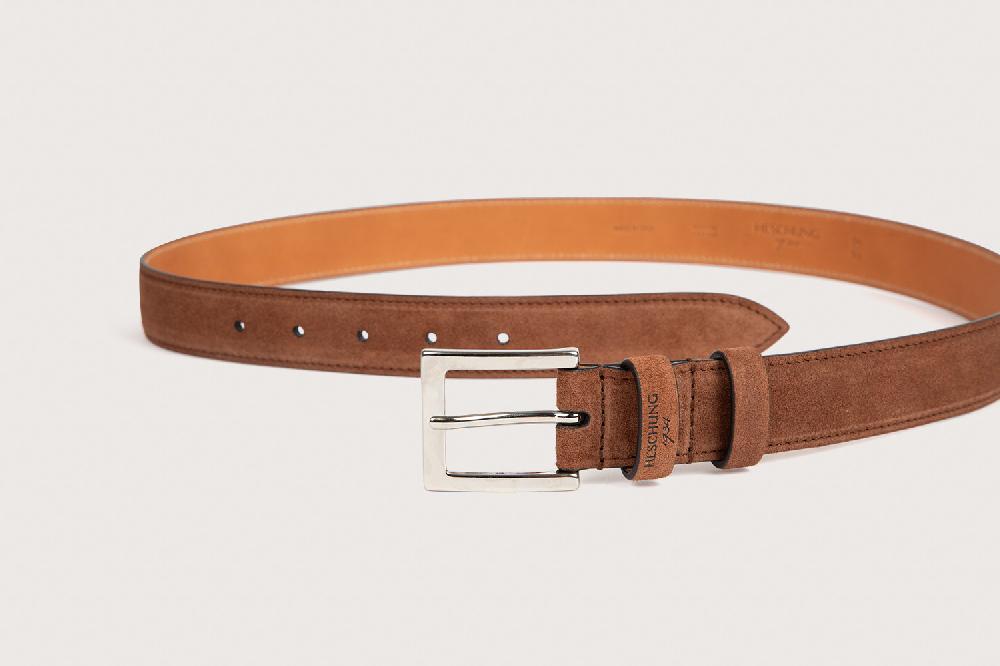Heschung Ceinture Homme En Cuir Velours Noisette Piquée
