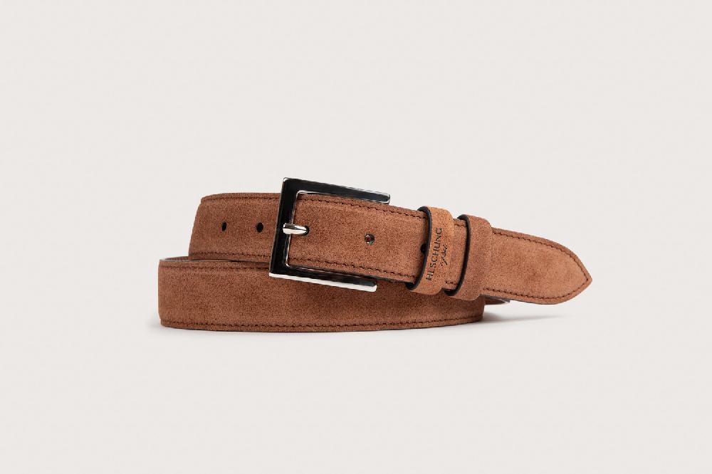 heschung Ceinture homme en cuir velours noisette piquée