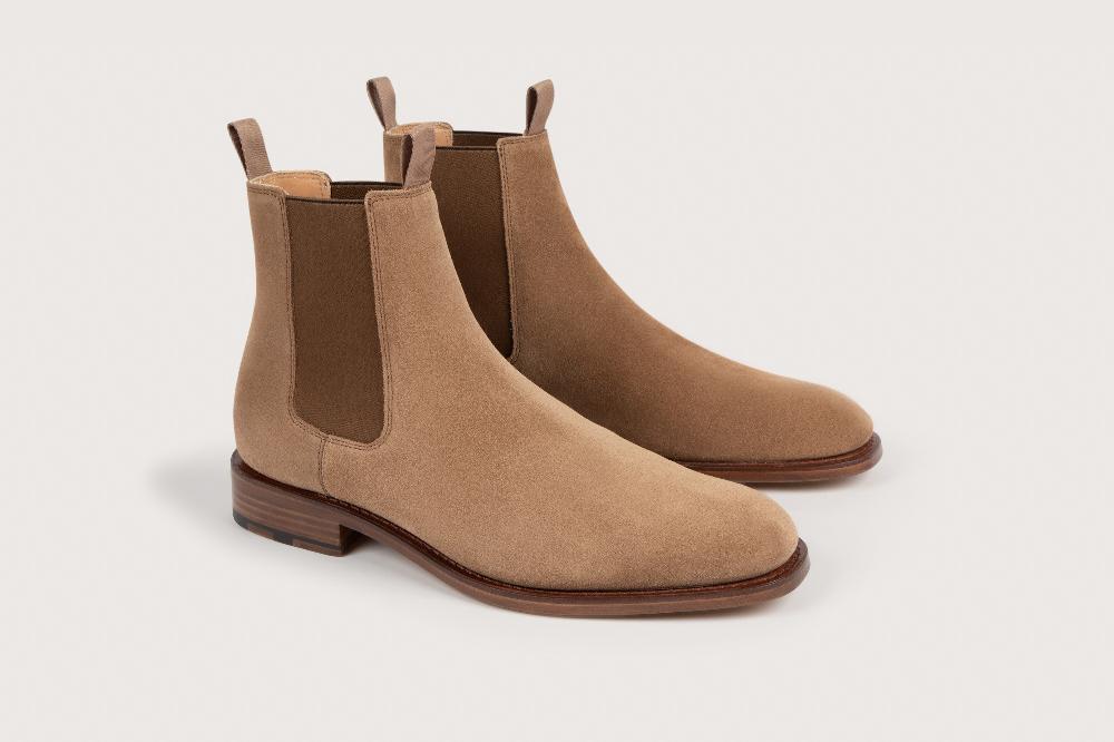 Heschung Chelsea-Boot Homme En Hydrovelours Beige Semelle Cuir