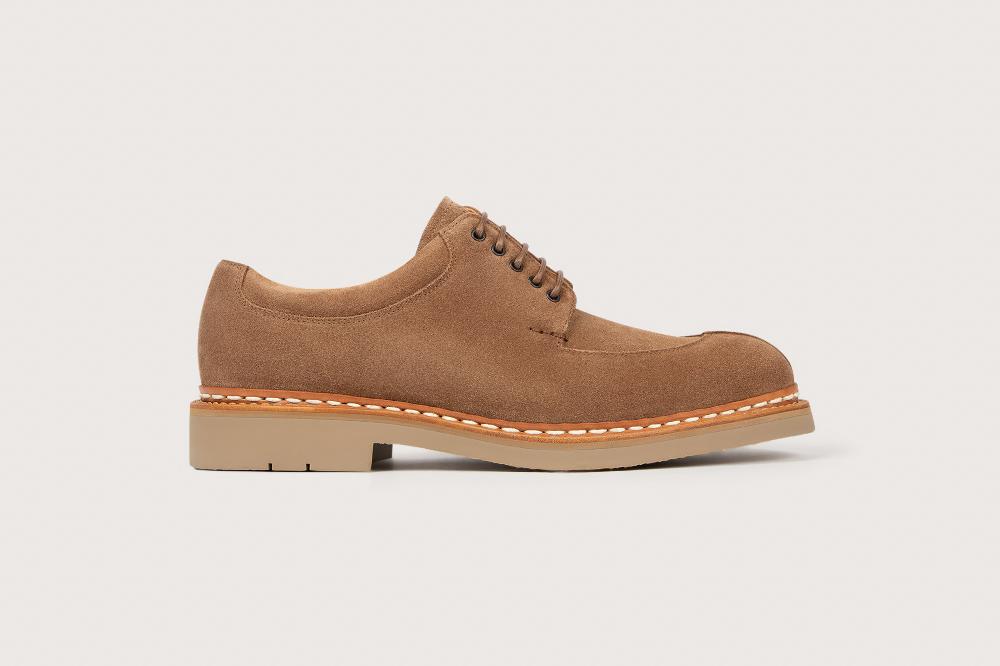 Heschung Derby En Cuir Veau Velours Imperméable Pour Homme Semelle Gomme Coloris Terre