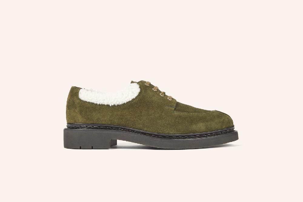 Heschung Derby Femme Intemporel En Cuir Hydrovelours Vert Et Col Mouton Pour Une Allure Casual Ou Habillée