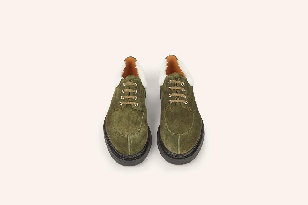 Heschung Derby Femme Intemporel En Cuir Hydrovelours Vert Et Col Mouton Pour Une Allure Casual Ou Habillée