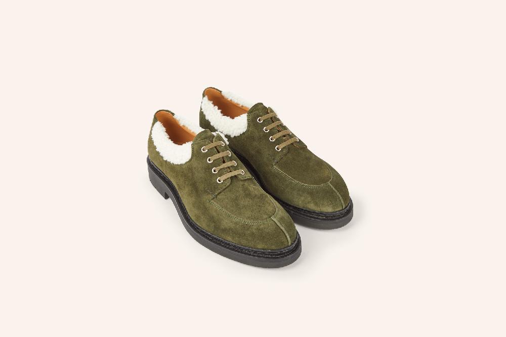 Heschung Derby Femme Intemporel En Cuir Hydrovelours Vert Et Col Mouton Pour Une Allure Casual Ou Habillée