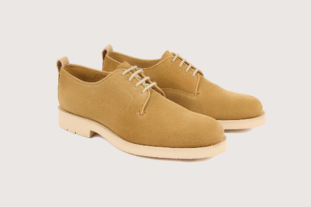 heschung Derby homme en veau velours marron clair semelle légère en gomme