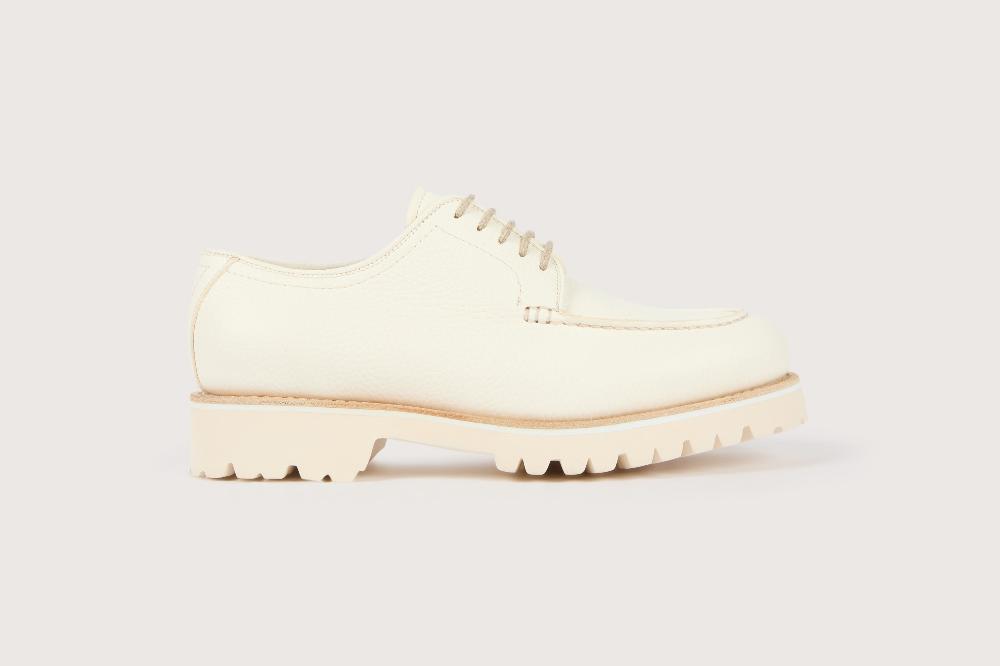 Heschung Derby Intemporel Femme à Plateau Jointé En Cuir De Veau Grainé Blanc Sur Semelle Gomme