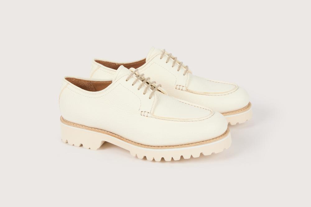 heschung Derby intemporel femme à plateau jointé en cuir de veau grainé blanc sur semelle gomme