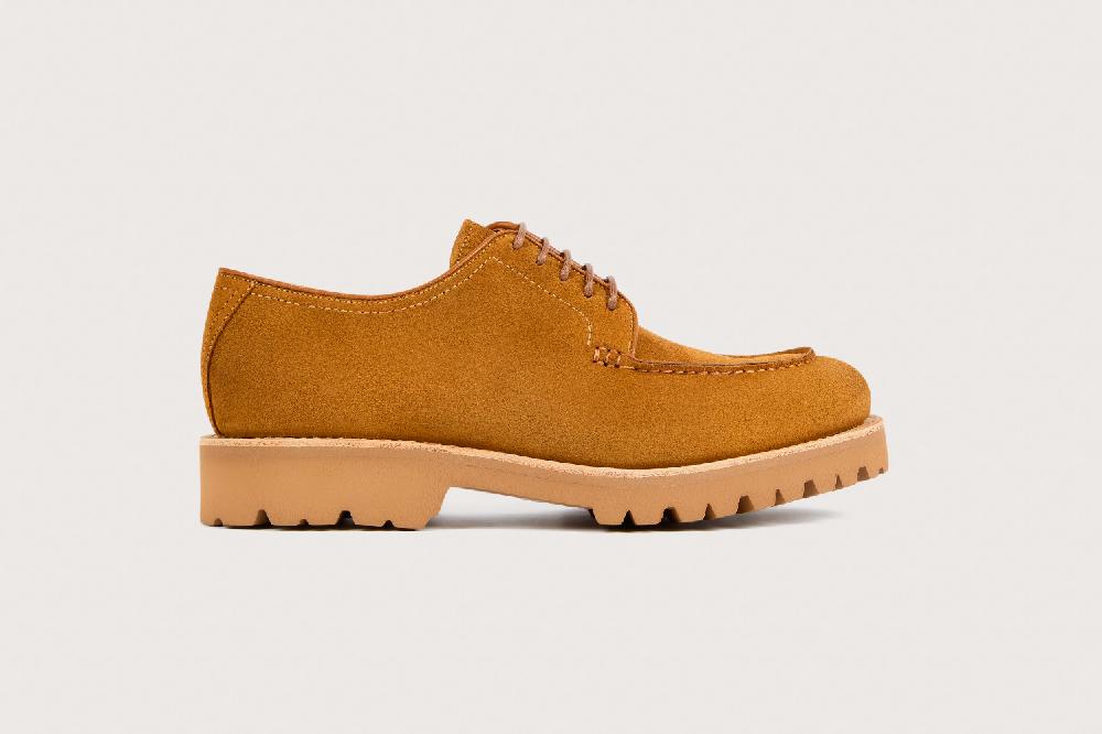 Heschung Derby Intemporel Homme à Plateau Jointé En Velours Imperméable Marron Clair Sur Semelle Gomme