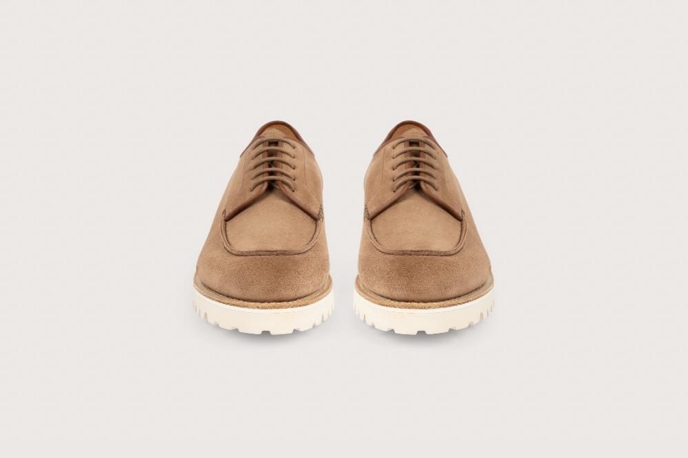 Heschung Derby Intemporel Homme à Plateau Jointé En Velours Imperméable Marron Clair Sur Semelle Gomme