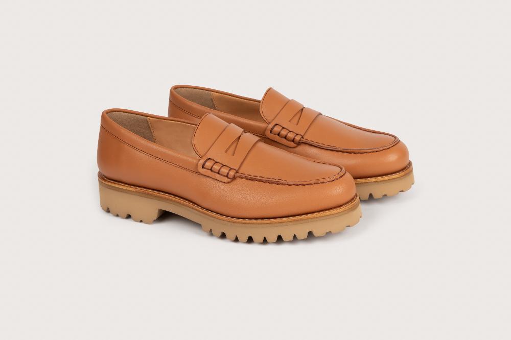 heschung Mocassin en cuir lisse gold pour femme semelle gomme