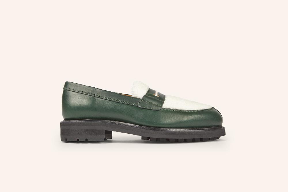 Heschung Mocassin Femme En Cuir Suportlo Vert Sapin Bi-matière Mouton Sur Semelle Commando Pour Une Allure élégante Et Affirmée