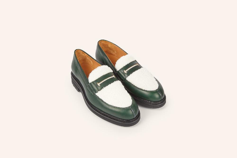 Heschung Mocassin Femme En Cuir Suportlo Vert Sapin Bi-matière Mouton Sur Semelle Commando Pour Une Allure élégante Et Affirmée