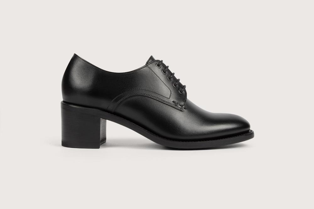 Heschung Nouveau Derby Femme Marcia En Cuir Box Noir Semelle Cuir