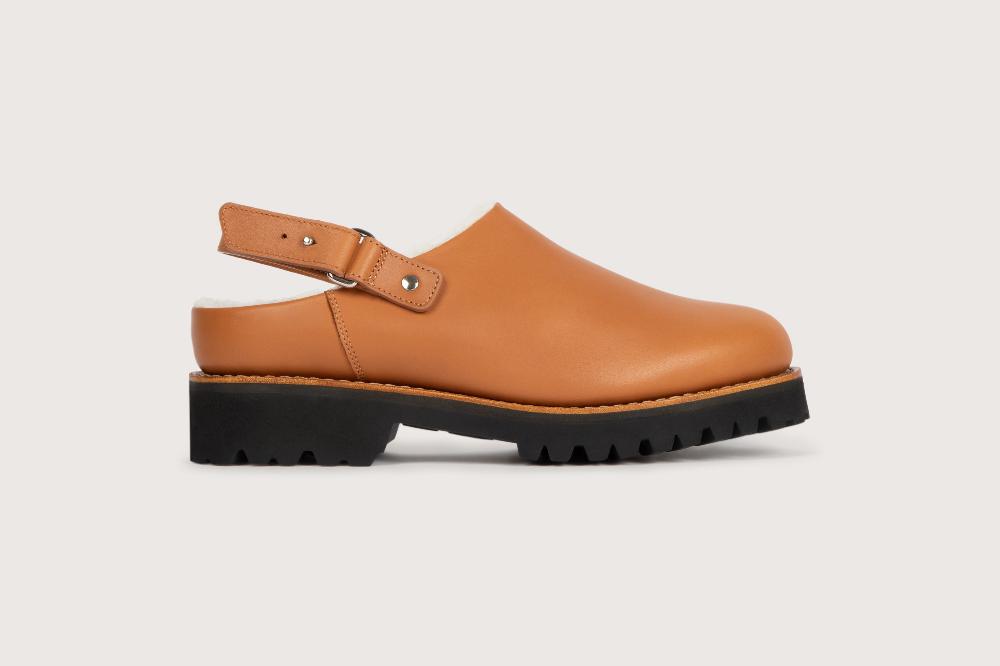 Heschung Sabot Femme En Cuir Lisse Gold Et Doublé De Mouton Blanc Semelle Gomme