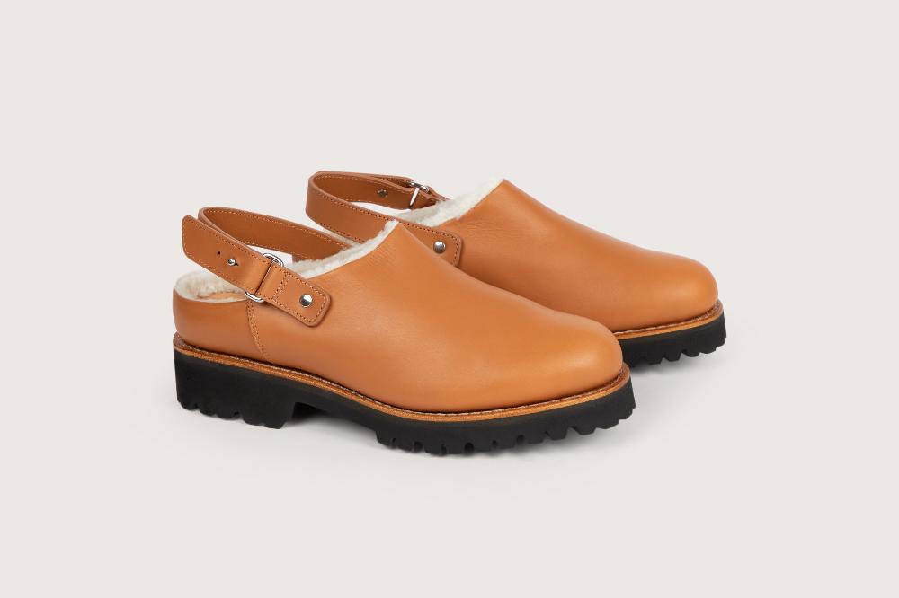 heschung Sabot femme en cuir lisse Gold et doublé de Mouton Blanc semelle gomme