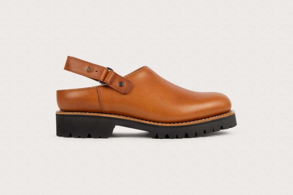 Heschung Sabot Femme En Cuir Lisse Marron Clair Et Semelle Gomme