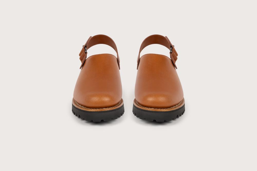 Heschung Sabot Femme En Cuir Lisse Marron Clair Et Semelle Gomme