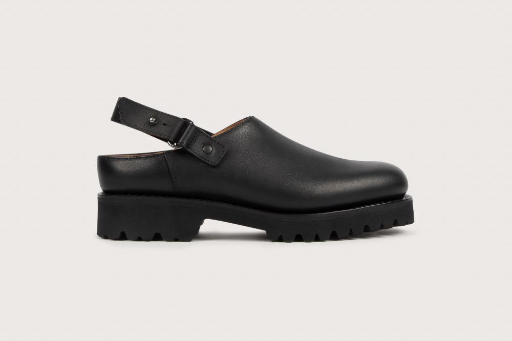 Heschung Sabot Femme En Cuir Lisse Noir Et Semelle Gomme