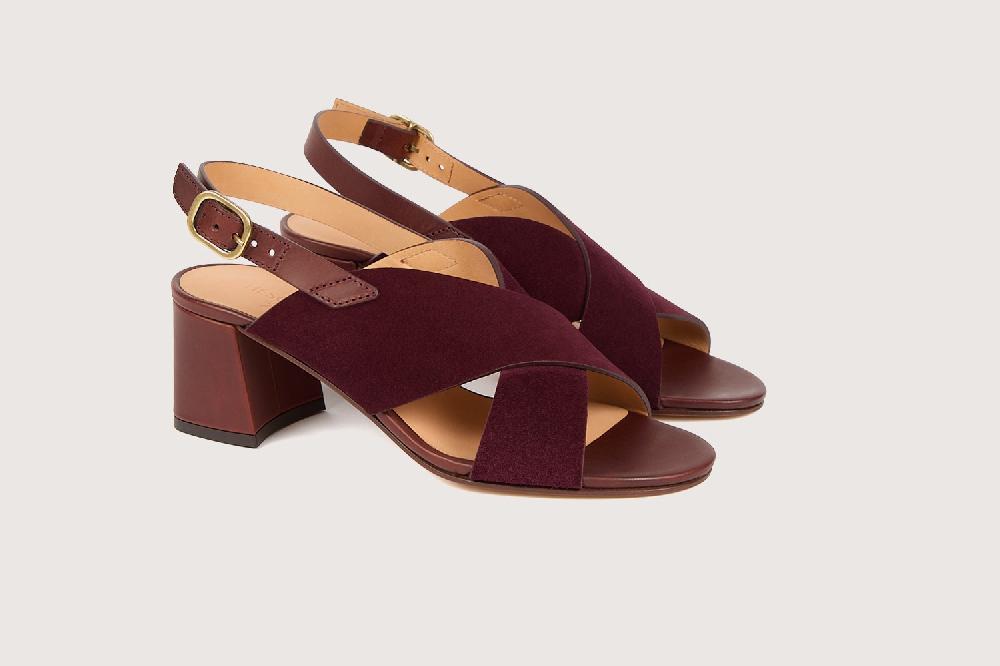 heschung Sandale à talon intemporel femme en cuir de veau coloris amarone sur semelle cuir