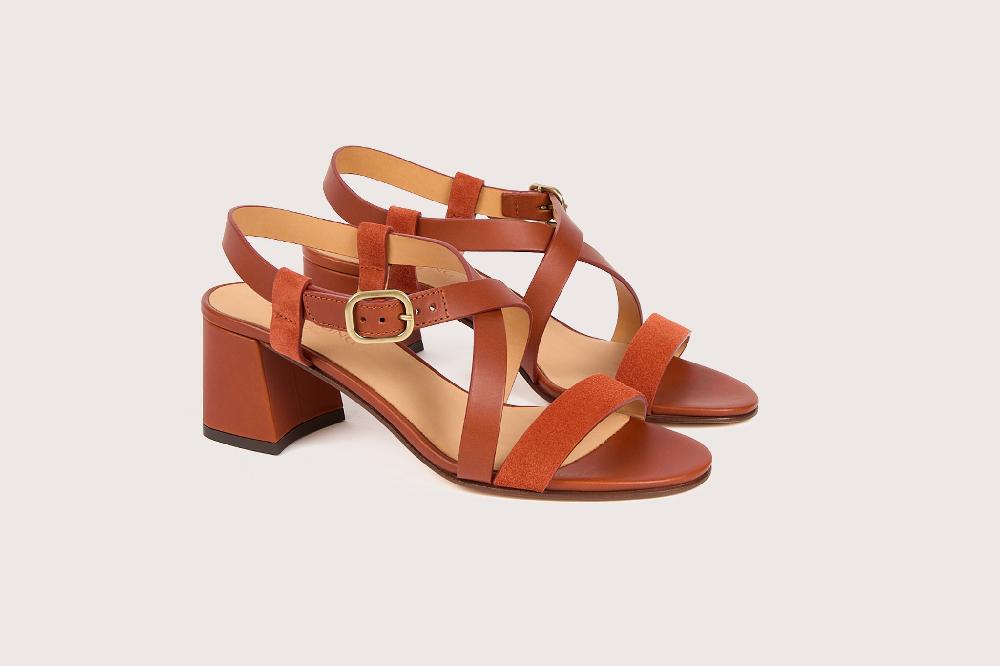 heschung Sandale à talon intemporel femme en cuir de veau sienne sur semelle cuir