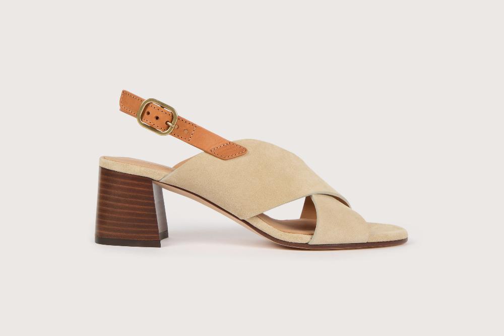 Heschung Sandale à Talon Intemporelle En Cuir De Veau Coloris Sable Sur Semelle Cuir