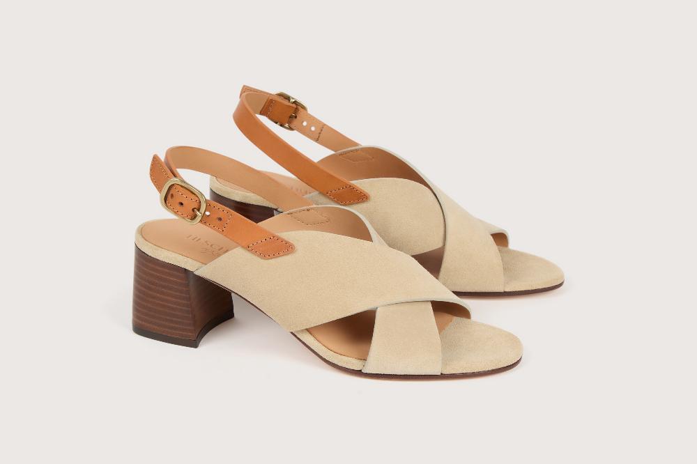 heschung Sandale à talon intemporelle en cuir de veau coloris sable sur semelle cuir