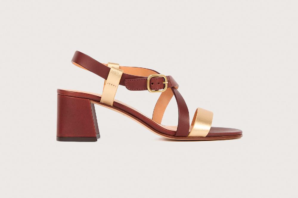 Heschung Sandale à Talon Intemporelle Femme En Cuir De Vachette Tabac Et Doré Sur Semelle Cuir