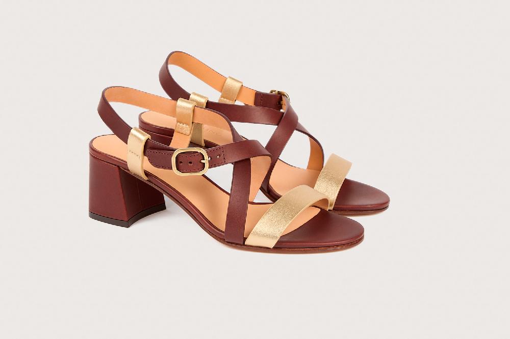 heschung Sandale à talon intemporelle femme en cuir de vachette tabac et doré sur semelle cuir