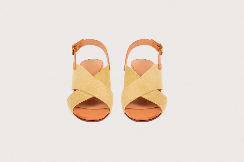 Heschung Sandale à Talon Intemporelle Femme En Cuir De Veau Beige Sur Semelle Cuir