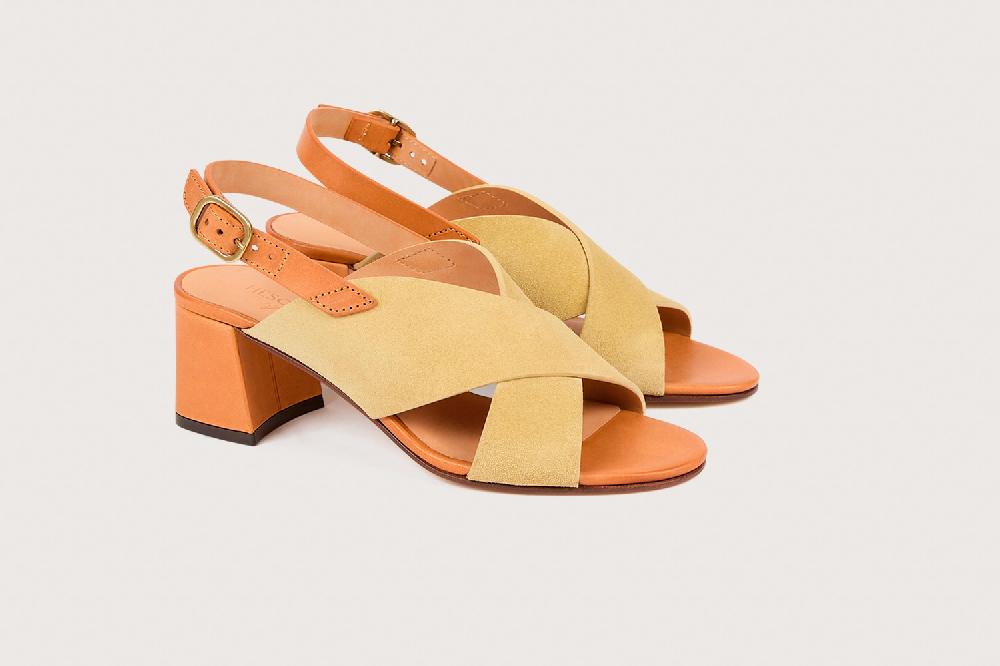 heschung Sandale à talon intemporelle femme en cuir de veau beige sur semelle cuir